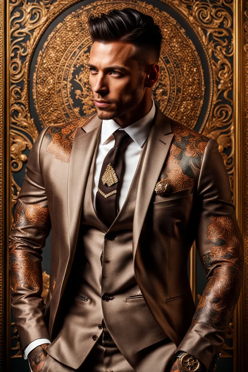 portrait of a 35 year old Handsome muscular male with light bronze skin adorned with tattoos. wearing an expensive suit. photorealistic