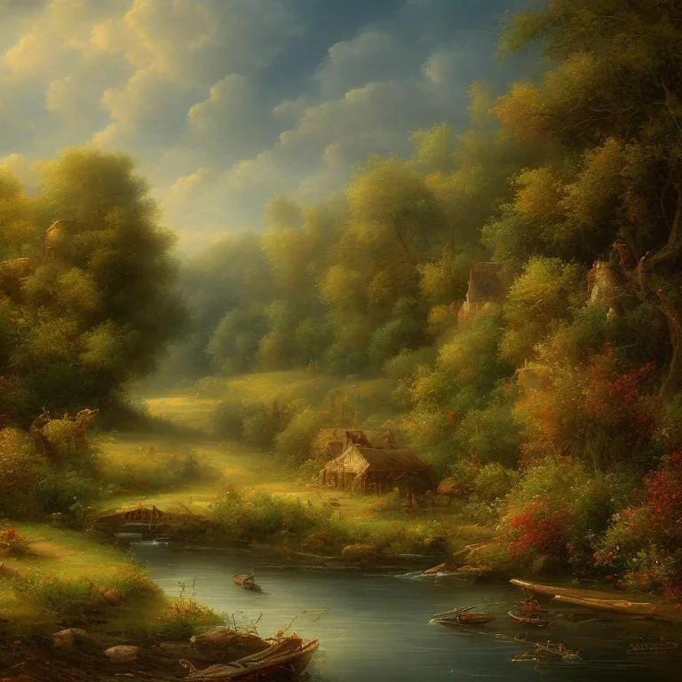 a beautiful and warm painting of a landscape country river france fields