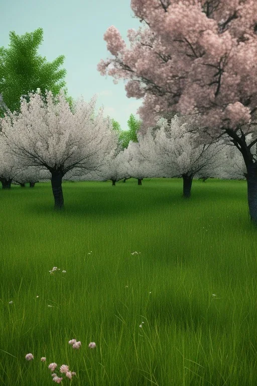 pommiers en fleurs, prairie, vray, rendu houdini