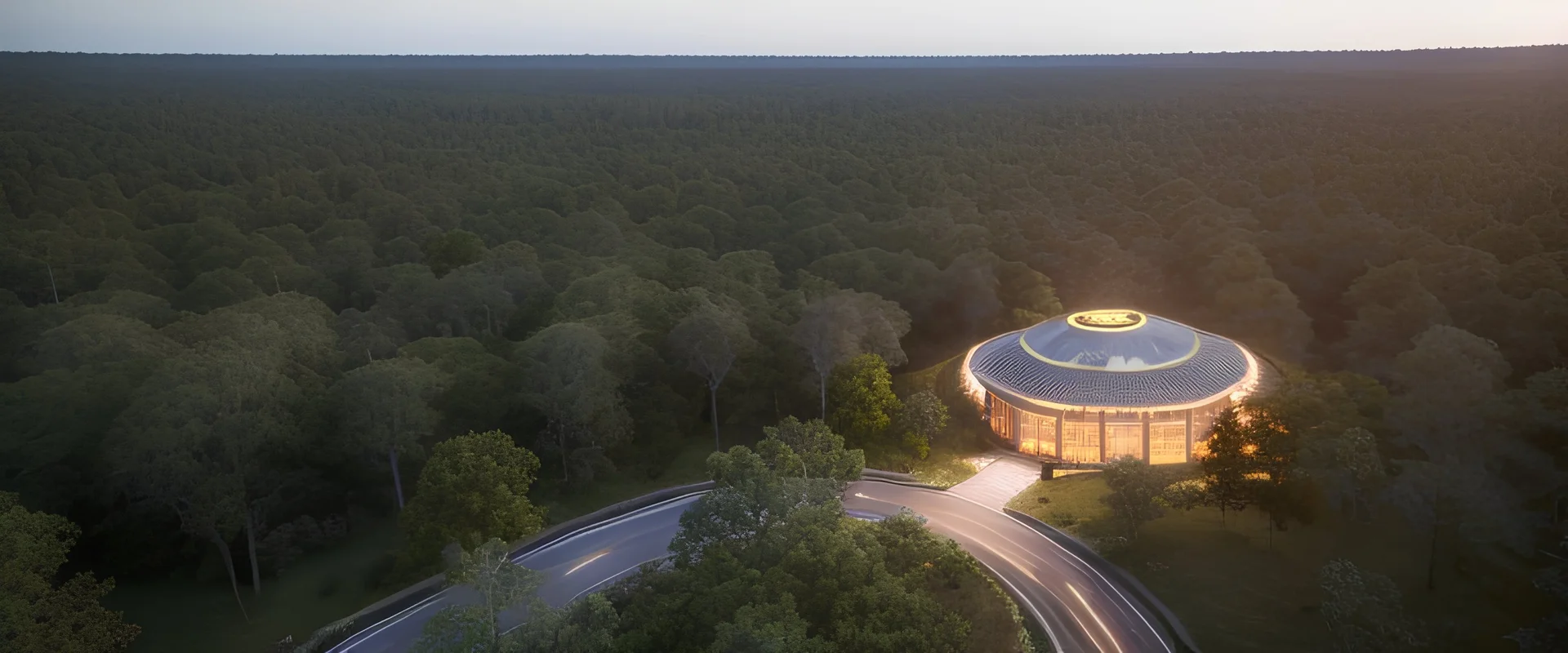 top view that warm, a huge library in forest with fireflies around trees that have wide leaves and broad trunked at night with moonlight.