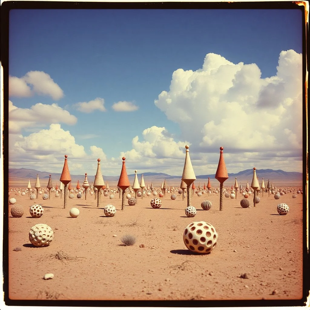 Strange spindle-shaped objects of various shapes, scattered over an arid wasteland, clouds, Max Ernst, Audubon, Amano, Walton Ford, Yves Tanguy, bright colours, polaroid, 8k, 3d, 33mm photography, well defined