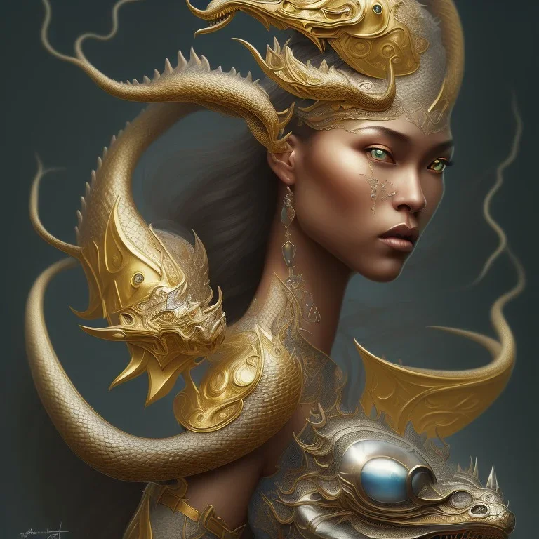 sango fantasy, fantasy magic, intricate, sharp focus, illustration, highly detailed, digital painting, concept art, matte, artgerm and paul lewin and kehinde wiley, masterpiece silver dragon head golden Asian nice breast Afo woman black waves