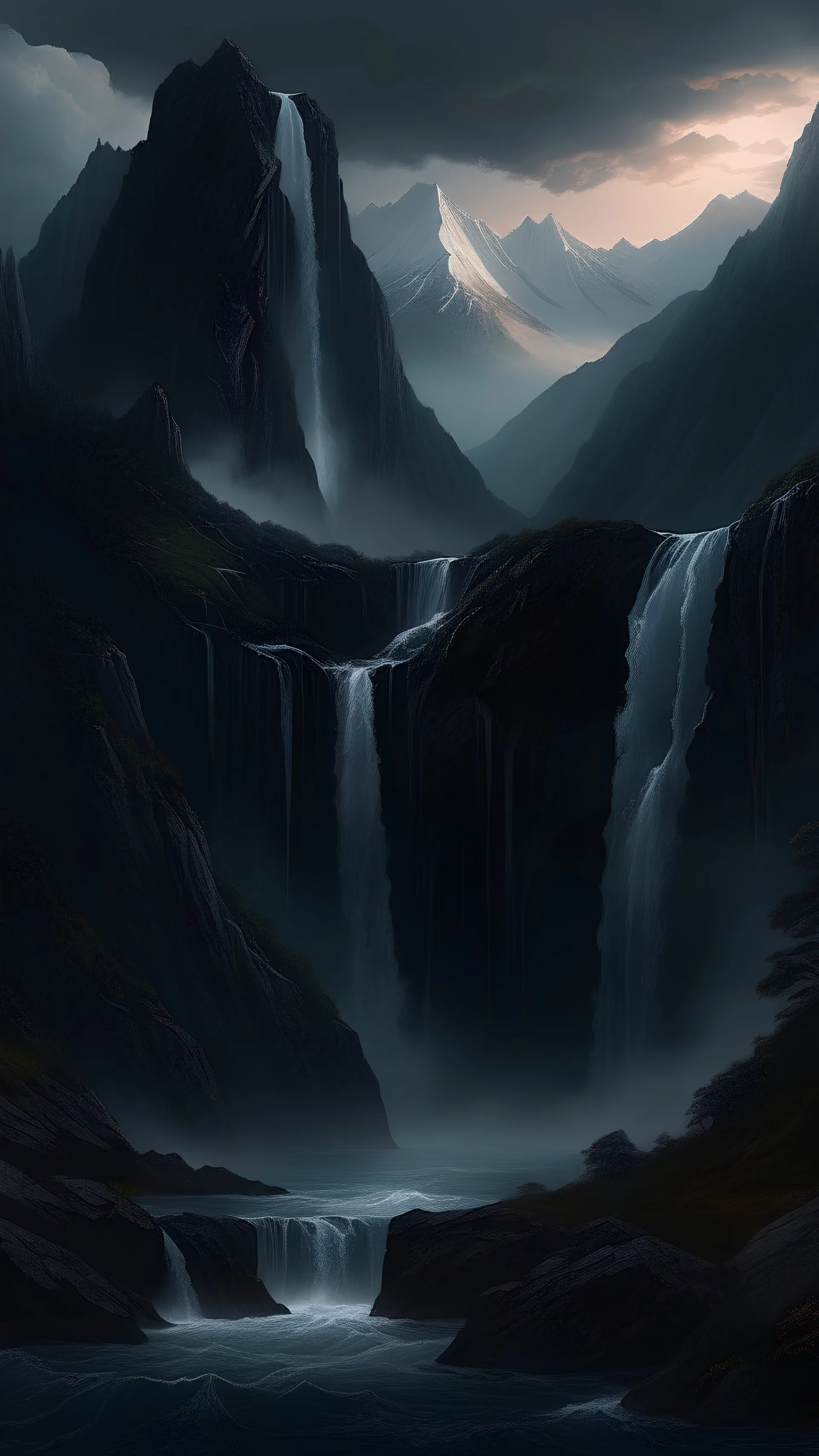 A dark fantasy detailed mountain landscape with a cascading waterfall