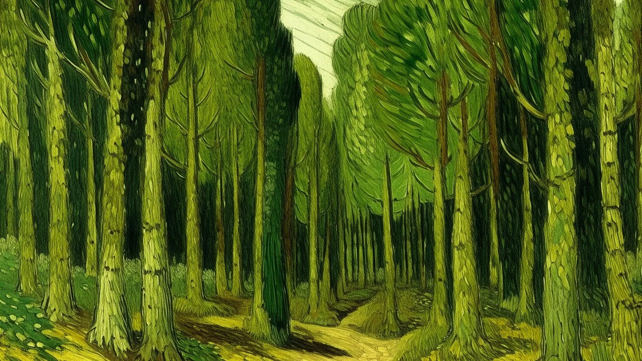 An olive green forest with acorn trees painted by Vincent van Gogh