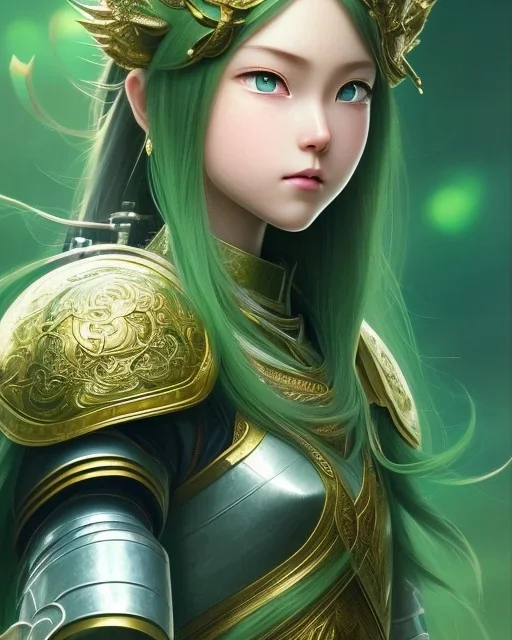 Detailed anime children girl, green hair, green dragon scale armour, intricate details, full body portrait, keep head in frame, slight smile, black Japanese motif, concept art, highly detailed, digital painting, concept art, sharp focus, illustration, art by Yoji Shinkawa, WLOP and greg rutkowski and alphonse mucha and artgerm and yanjun Chen and Junji ito and Makoto Shinkai, HDR, octane render