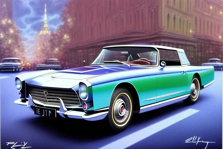 a true-to-life 1962 facel-vega facel ii, centered, intricate, extreme detailed, photorealism, center view, city background, pivot on facel, pen and color marker painting by cheryl kelley