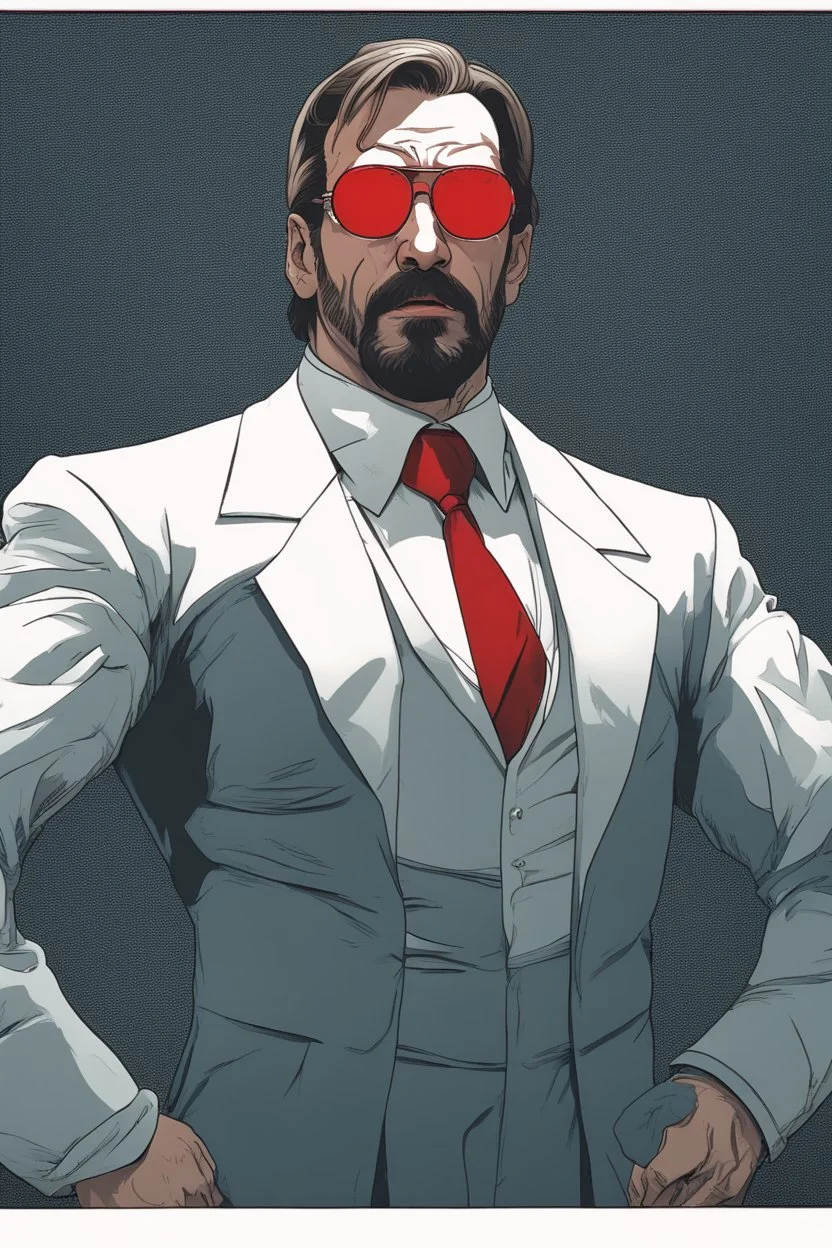 an muscular and menacing Hans Gruber wearing red-tinted glasses