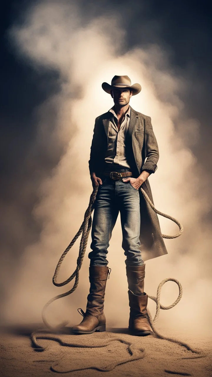 postcard portrait of towering man sexy cowboy with rope lasso and old boots ,hands in pockets, in dust cloud spotlight, magazine cover illustration with spray paint, signed, bokeh like, down-light, unreal engine, prize winning