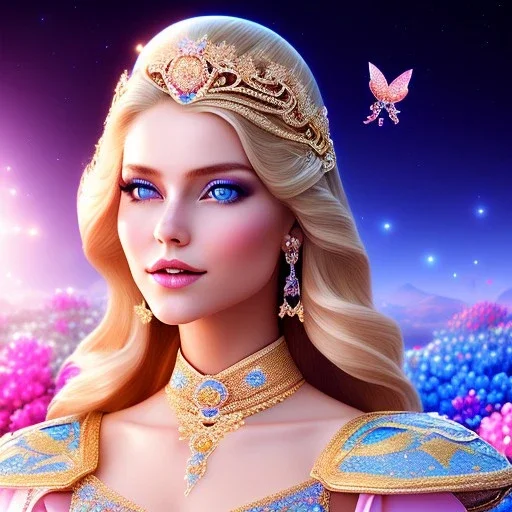 Full body Princess, woman blondie, make up, beautiful smiling face,blue eyes, beautiful place,amazing, flowers, colors, blue and pink butterfly, realistic, photo real, stars night, detailed, high contrast, 8k high definition, unreal engine 5, extremely sharp detail, light effect, light background