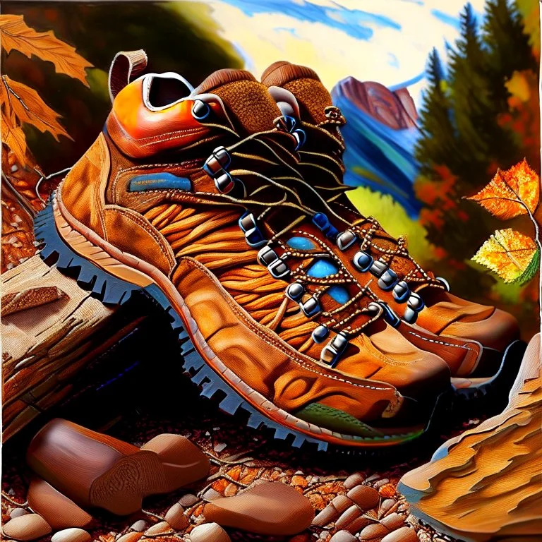 brown hiking shoes, art, acrilyc colors, bright, masterpiece, realistic