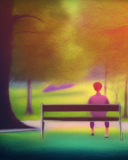 park mystical dream, park bench, man, woman, child, dog, trees, path, bird, sunshine, mystical, fantasy, romanticism, pastel colors, daylight, daytime, acrylic painting, detailed, soft focus,