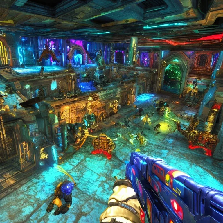 unreal tournament, first person shooter, video game sceenshots, 90’s, scifi, colorful, 90’s 3d, 90’s mall inside,90’s video game 3d, vaporwave, city, crypt underworld video game, cryptworlds video game, cicada marionette, crypt underworld video game, crypt underworld videogame