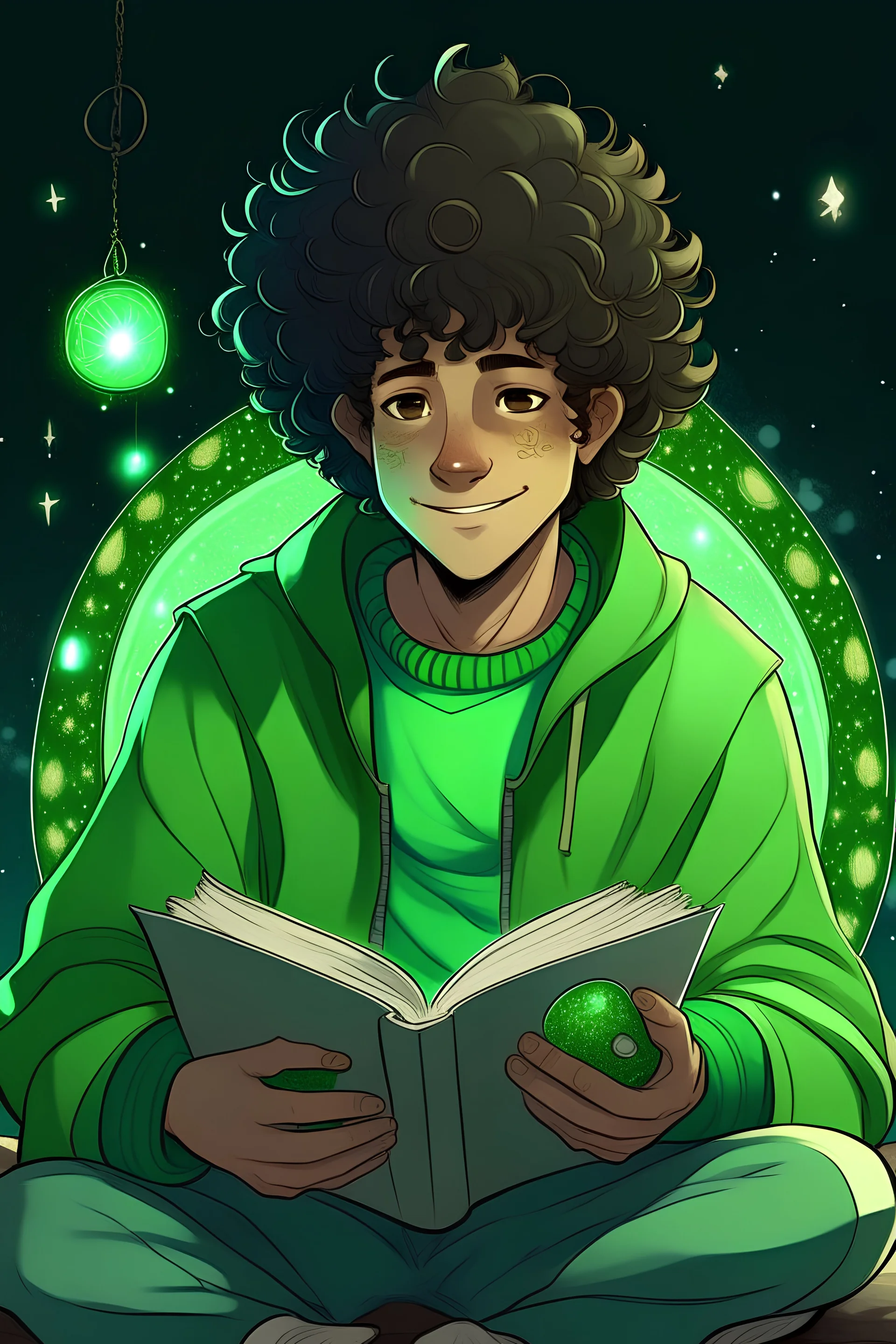 Anime slightly chubby Mediterranean man with medium dark skin and very short very curly dark brown hair, wearing a green sweater, reading about astrology, dreamy and happy night time