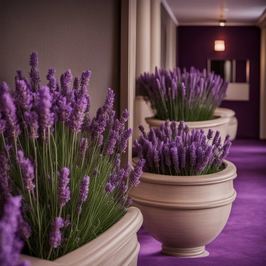 Concept of lavender flower in a hotel hall, modern classic style, lavender colors