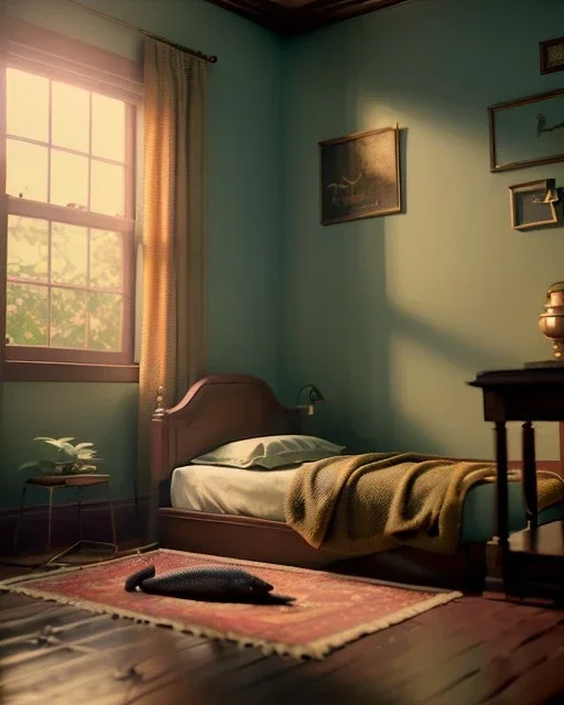 Room scene with alligator sleeping, Wes Anderson styler, concept art, smooth, unreal engine 5, god lights, ray tracing, RTX, lumen lighting, ultra detail, volumetric lighting, 3d.