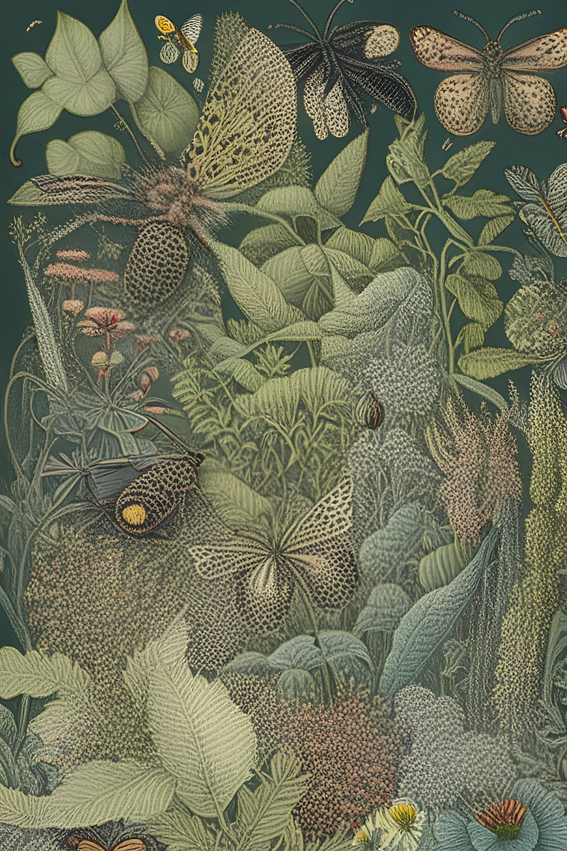 A detailed botanical illustration of a lush garden inhabited by a variety of insects, such as butterflies, bees, and ladybugs, showcasing the intricate patterns and textures of both the flora and fauna, and celebrating the beauty of the natural world.