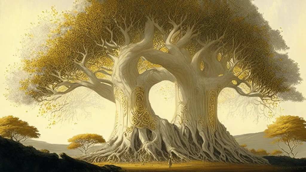 Valinor, tolkien, two giant trees, one giant golden tree, one giant silver tree,