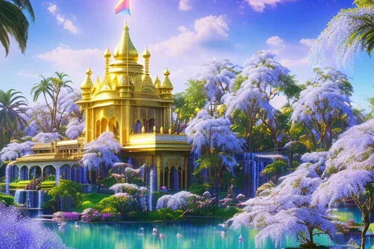  white and gold crystal indian PALACE，swanns,waterfall, BLUE LAKE, SWANN,flowers, jacaranda trees, sky pink blue, full of details, smooth, bright sunshine，soft light atmosphere, light effect，vaporwave colorful, concept art, smooth, extremely sharp detail, finely tuned detail, ultra high definition, 8 k, unreal engine 5, ultra sharp focus