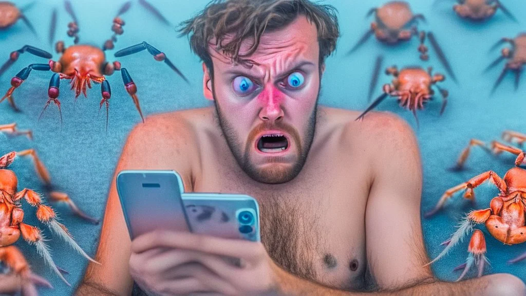 guy looks sweaty while watching censored videos on smartphone surrounded by tiny crabs