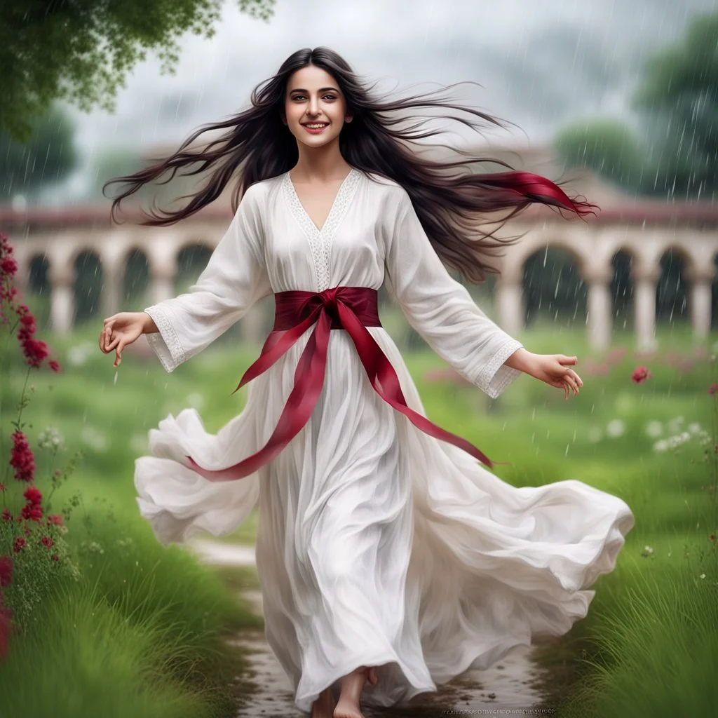 Hyper Realistic Photographic-View of Extremely-Beautiful Young Happy Pashto Girl With Long-Black-Hair-Beautiful-Eyes-&-white-frock-with-maroon-ribbon-tied Enjoying-Happily-&-Whirling in heavy rainfall with cloudy weather in-a-garden-with-grass-arches showing dramatic & cinematic ambiance.