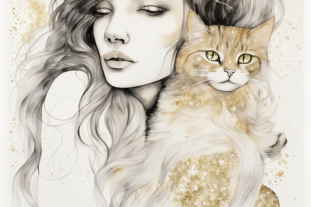 long haired woman with cat, white watercolor and black ink, golden glitters