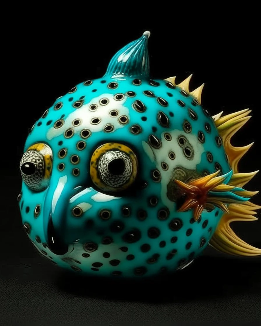 A turquoise water elemental pufferfish designed in Matryoshka dolls painted by Jackson Pollock