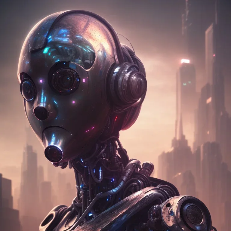  portrait,beautiful robot, post-apocalyptic in a cyberpunk city, realistic, intriacte detail, sci-fi fantasy style, volumetric lighting, particales,highly detailed,cinamatic, deep colours,8k