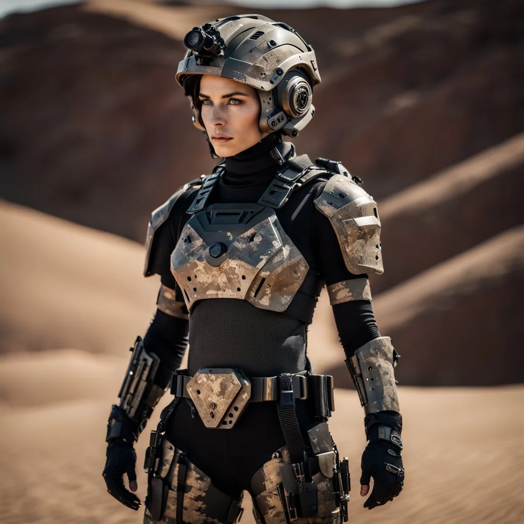 futuristic beautiful caucasian half cyborg female soldier, black metal body and limbs, scratched sand camo metal details, short brunette wavy bob haircut, dystopian, desert scene