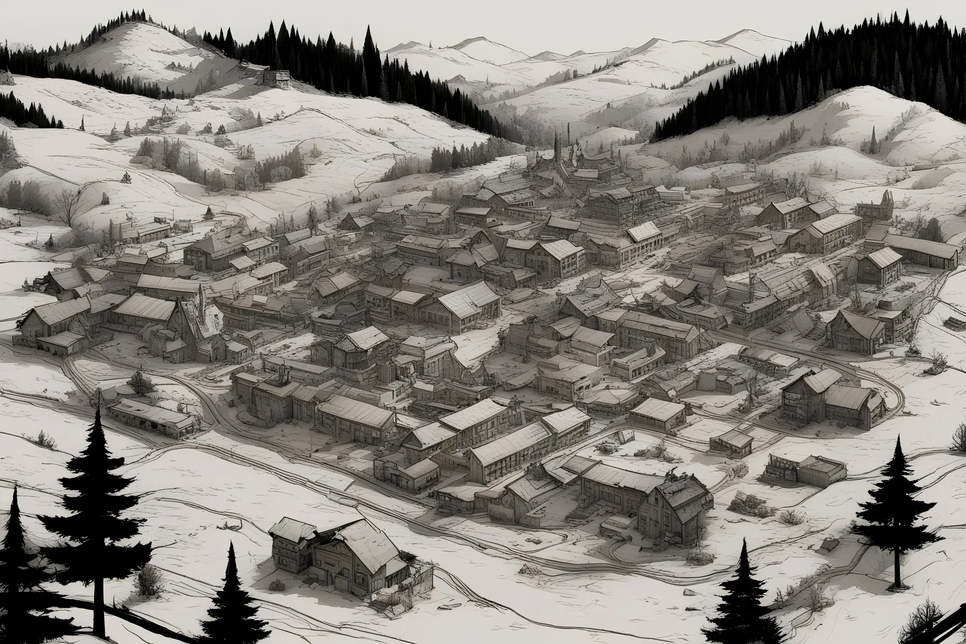 a map, top view of small town, hills, forest, comic book, post -apocalypse,