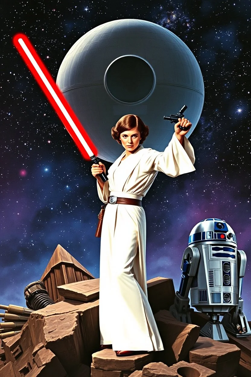 stars nebula and the Death Star large at top, in front in poses from the original star wars posters is Luke Skywalker with lightsaber and Princess Leia Organa with upward pointing raygun both in white clothing atop crumbling stone and droid parts c3po r2d2