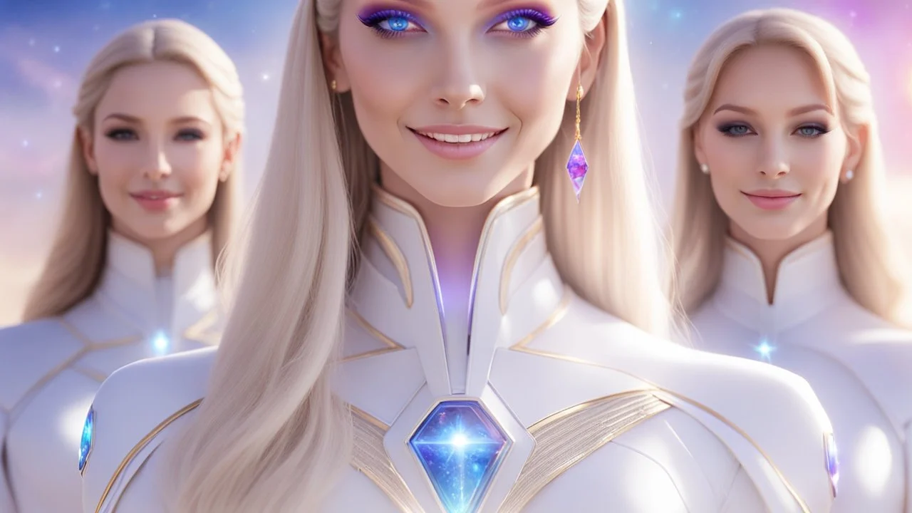 cosmic woman ,beautiful ufos rainbow, admiral from the future, galactic confédération, fine whole face, crystalline skin, expressive purple eyes,rainbow, smiling lips, very nice smile, costume pleiadian, Beautiful tall woman pleiadian Galactic commander, ship, perfect datailed golden galactic suit, high rank, long blond hair, hand whit five perfect detailed finger, amazing big puple eyes, mouth, high définition lips, cosmic happiness, bright colors