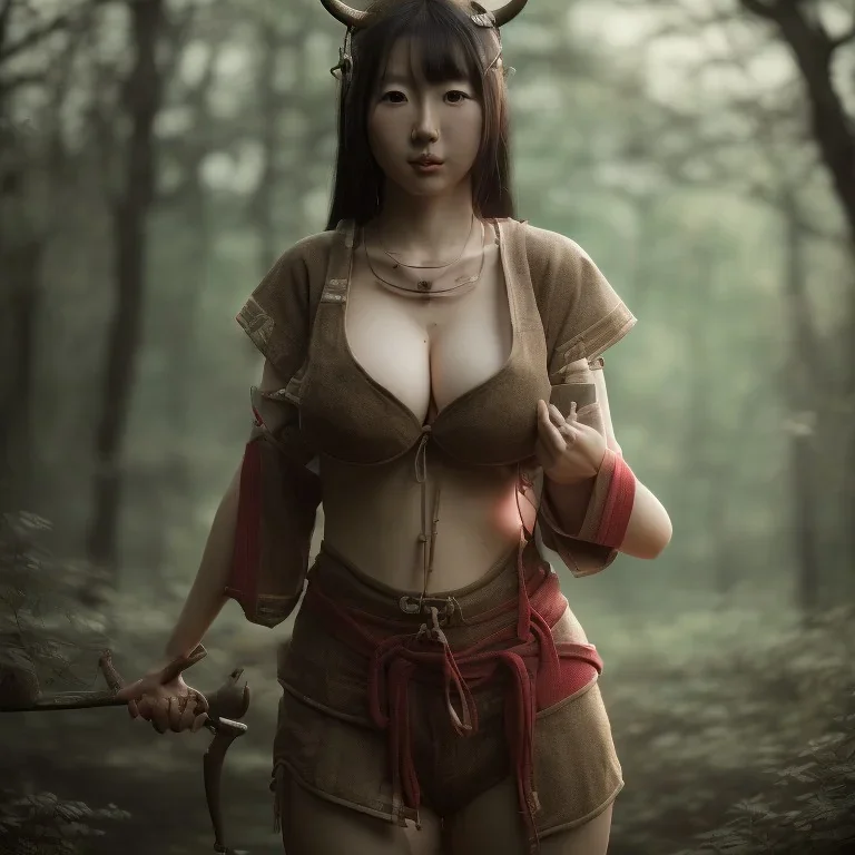 wonderfull japanese woman, big breast, portrait, viking costume, village, meditation, woods, cyberpunk, 8k quality