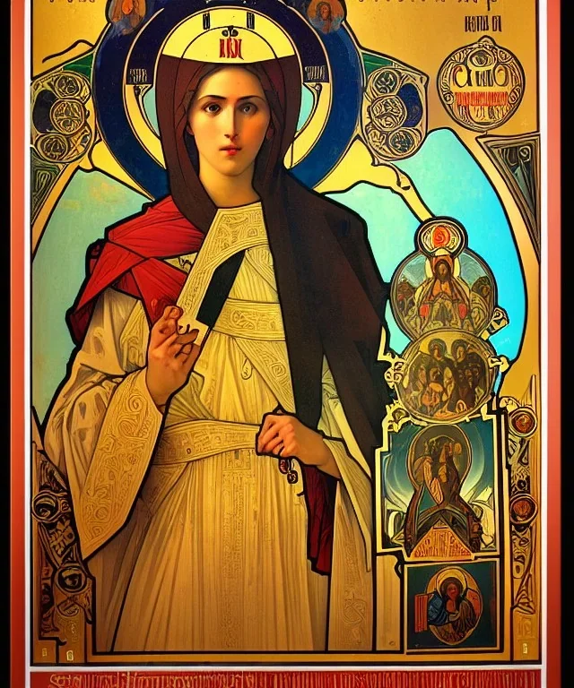 saint patron of photographers holding camera in hands. orthodox icon. Cyrillic inscriptions. hyperdetailed, Alphonse Mucha, poster, illustration, ink, oil on canvas, 18th century atlas