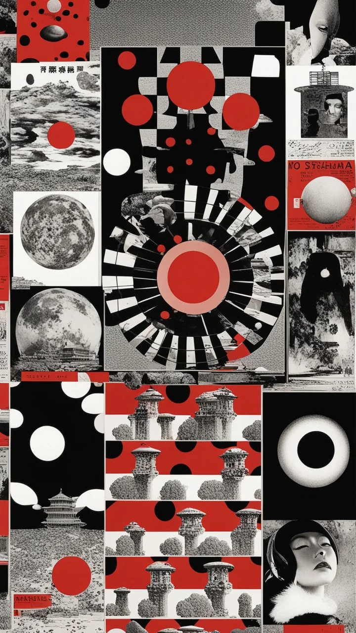 surreal collage art crafted from vintage Japanese magazines poster Novell , art composition by kusama, sci-fi elements , Alice's Wonderland, black and white and deep red