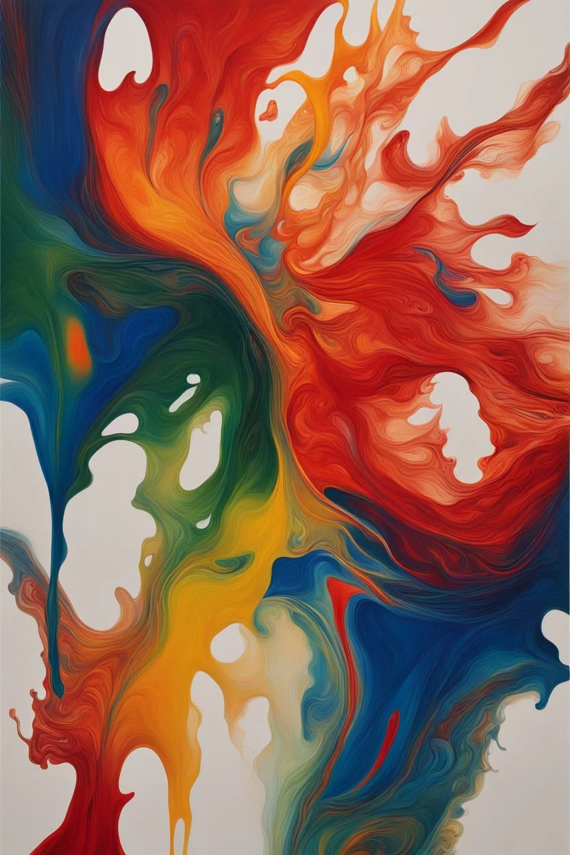 The image is an abstract painting with a white background. The painting is composed of a variety of colors, including blue, red, orange, yellow, green, and red. The colors blend together in a fluid and fluid manner, creating a sense of movement and energy. The blue is on the left side of the painting, with a hint of green on the right side. The red is in the center, with the yellow and orange stripes radiating outwards. The green is on top of the blue, and the red is at the bottom. The overall e