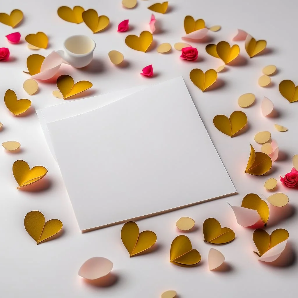 A photo of a white card, 5.5 by 4.25 inches. The card is vertically positioned on a beautiful white surface, positioned between rose petals and litte golden hearts.