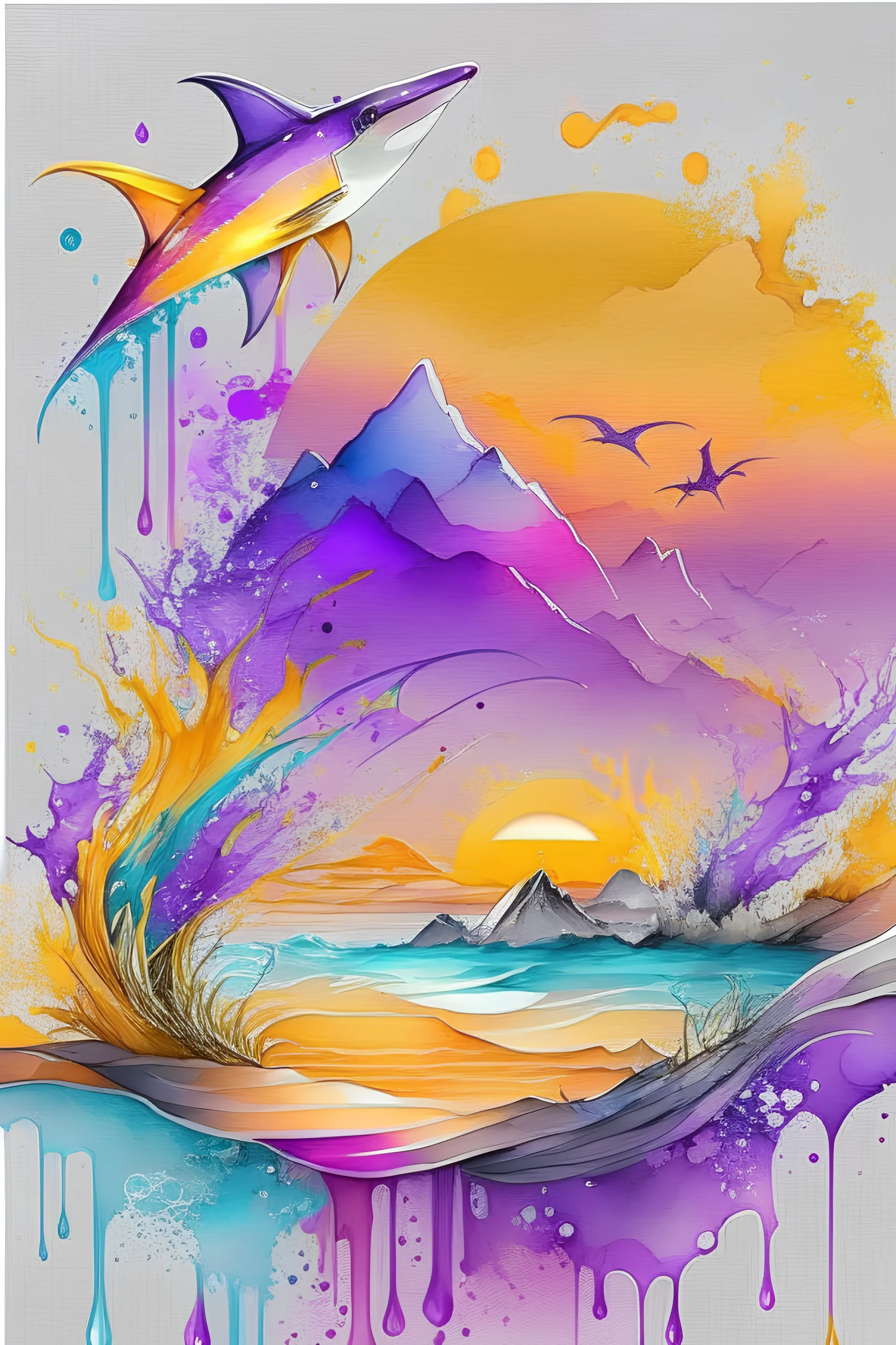 2:3 Full size, watercolor on transparent background paper, chromatic, zoom, sharp, splash of colors on a white background, a detailed golden purple sunset fire style, detailed shark, owl, Miami Beach with light blue water, Mountains, graffiti elements, powerful zen composition, dripping technique, & the artist has used bright, clean elegant, with blunt brown, 4k, detailed –n 9, ink flourishes, liquid fire, clean white background, zoom in, close-up,