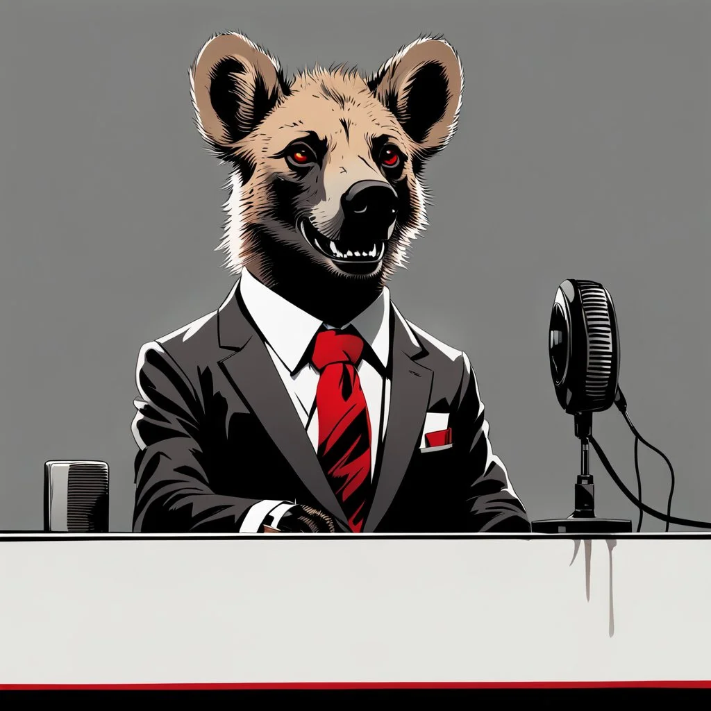 Hyena in a suit and tie, as an announcer sitting at the transmission table with a microphone presenting a newscast. Banksy cómic style. Ultra quality. White, red and Black colors