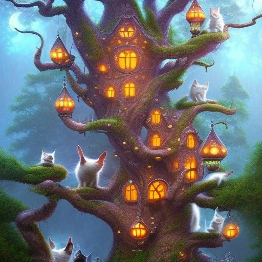 close up on ten cats in the tree in magical forest, fantasy book cover art