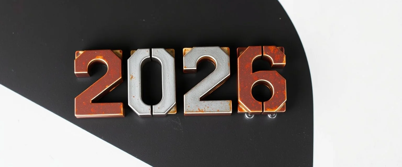 "2026" in squared block letters made of shiny and rusty metal on contrasting background
