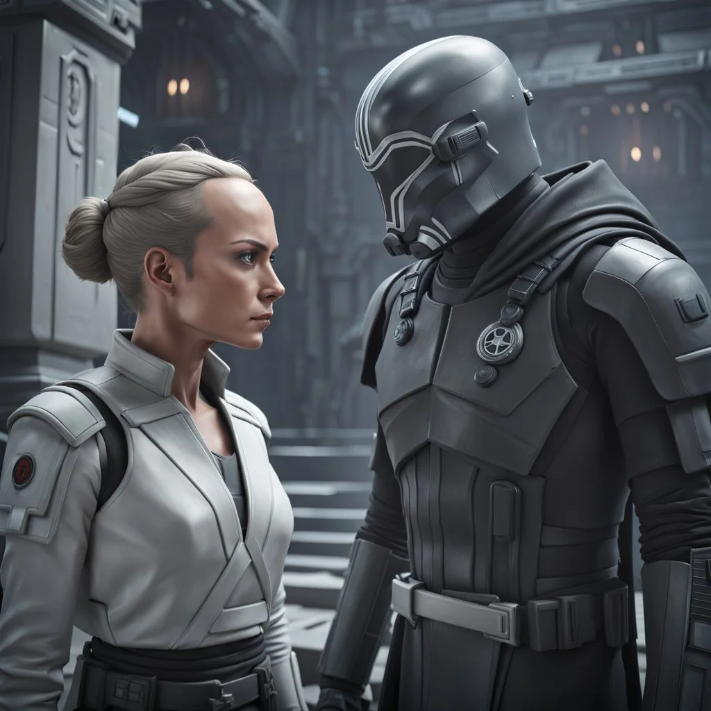 a bold and heroic bald male Corellian pilot in black and metallic grey First Order special forces gear meets a female Jedi Master in ancient, mystical temple, hyperdetailed, dynamic lighting, hyperdetailed background, 8k resolution, volumetric lighting, light skin, fully symmetric details