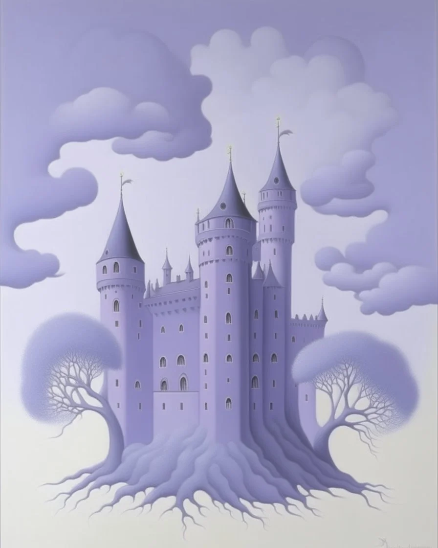 A pale light purple castle with ghosts painted by Rene Magritte