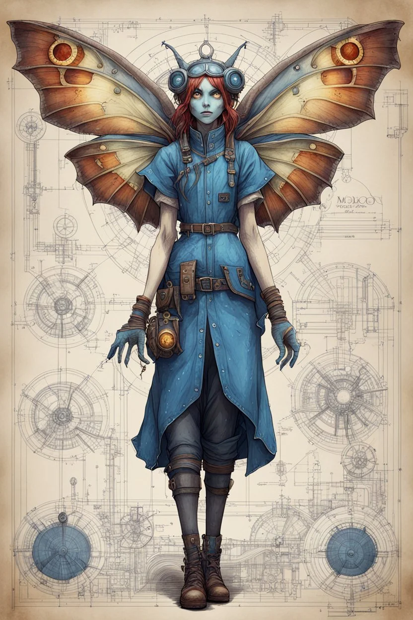 Jean-Baptiste Monge style hand drawn technical,full body portrait illustration , with detailed blueprints and engineering schematics of a walking hybrid Atlas moth insect girl, with highly detailed facial features with multi cellular eyes, drawings, and technical notation, 8k, vibrant natural colors