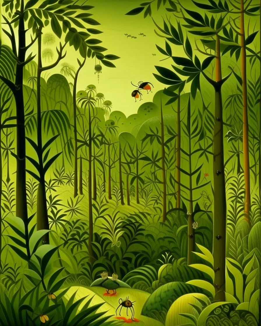 An olive green forest filled with insects designed in Chinese paper art painted by Henri Rousseau