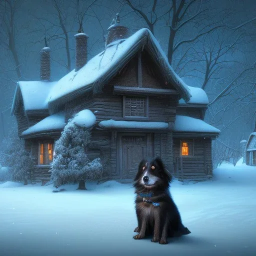 dark, robed figure behind sad, abandoned, dog chained to a tree, house in background, winter, loneliness, 8k resolution, high-quality, fine-detail, iridescent, intricate, digital art, detailed matte, volumetric lighting, illustration, 3D octane render, brian froud, howard lyon, selina french, anna dittmann, annie stokes, lisa parker, greg rutowski