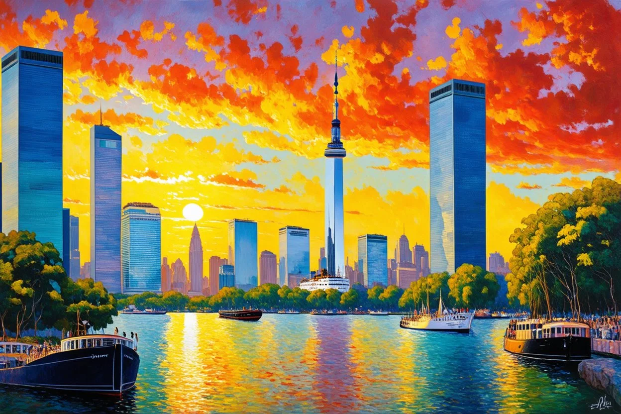 Amazing sunset, buildings, lake, rocks, ships, distant city, trees, sci-fi, konstantin korovin, and claude monet impressionism paintings