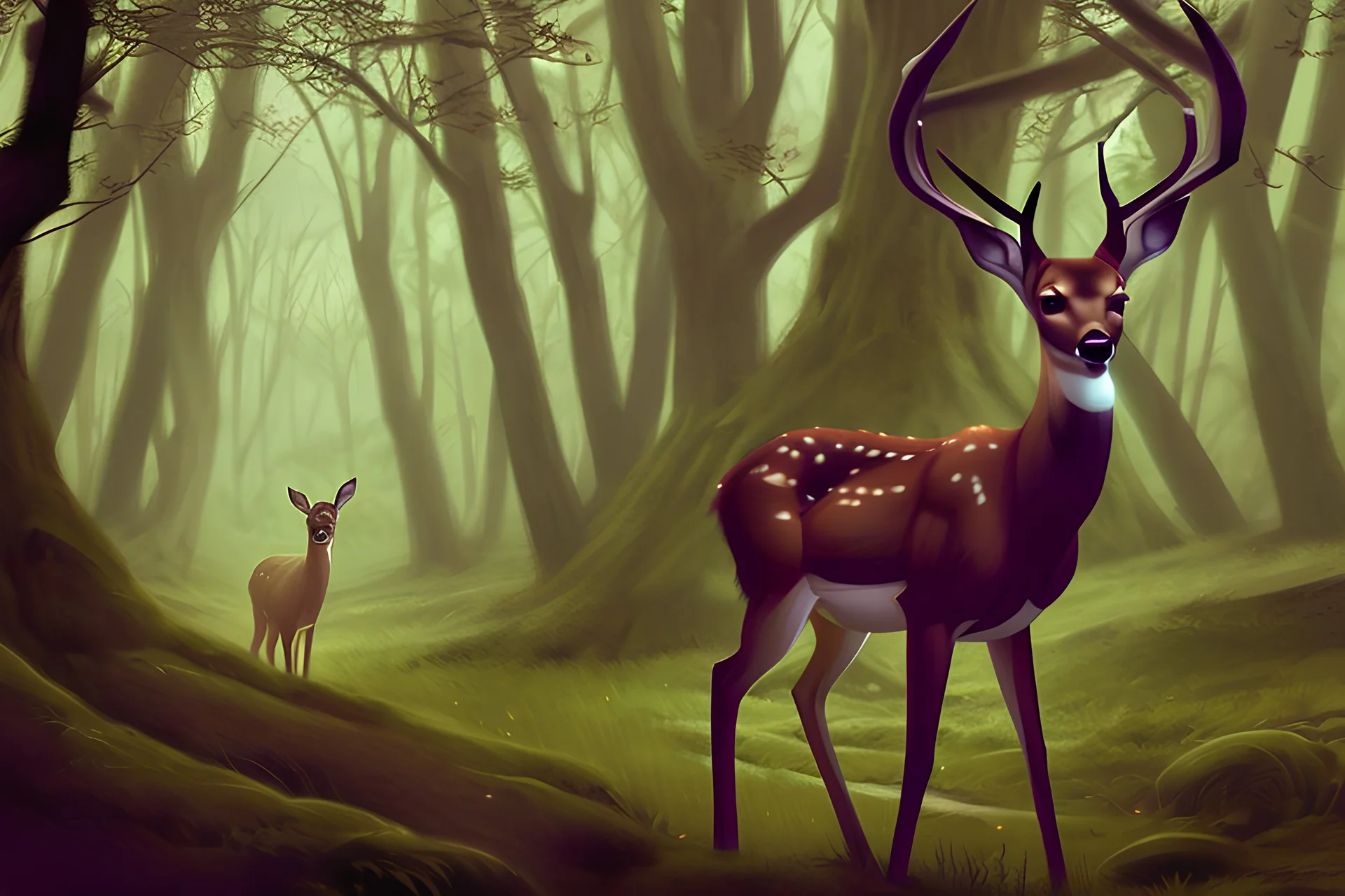 a deer standing in the woods in the fantasy style