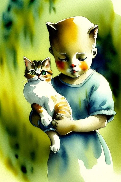 A cute cat is holding a kitten. Watercolour