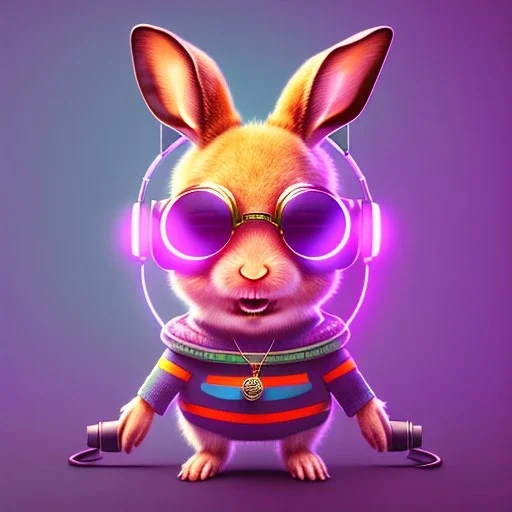 pixar style anamorphic cute smiling baby rabbit, smiling, cyberpunk headphone, sunglass, gangsta gold necklaces, full body, magenta puffer jacket, manila city background, dramatic lighting, hyper realistic, unreal engine 5, 16k