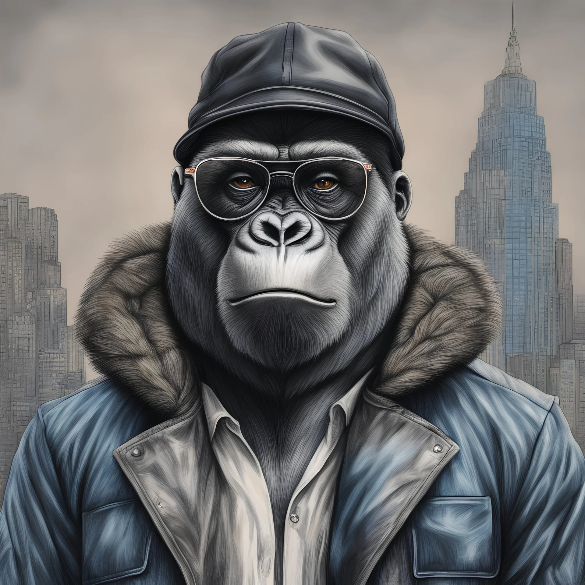 Hermoso dibujo a lápiz coloreado de gorila con chaqueta, gorra y anteojos de sol vidrio negro, obra de arte, calidad ultra, maximalista, 12k , fondo de ciudad